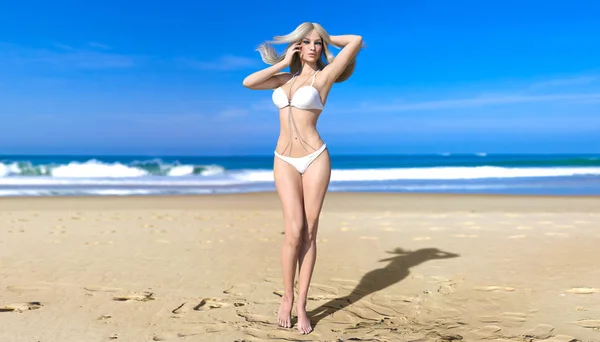 Vacker Blond Kvinna Vit Baddräkt Bikini Stranden Sommaren Resten Blue — Stockfoto
