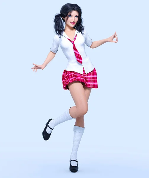 Beautiful Young Attractive Girl School Uniform White Blouse Red Short Stock Image