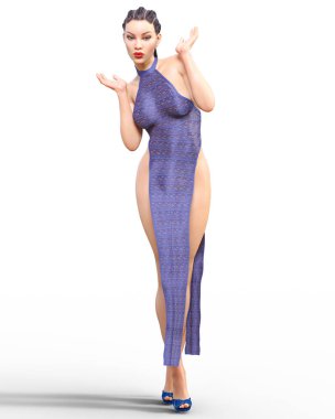 3D güzel genç çekici kadın abartılı seksi bel elbise. Kadın stüdyo fotoğrafçılığı. Yüksek topuk. Kavramsal moda sanat. Baştan çıkarıcı samimi poz. Gerçekçi render. Yaz koleksiyonu giysileri