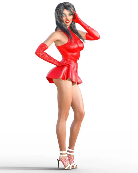 Mujer Vestido Cuero Rojo Falda Corta Maquillaje Brillante Arte Conceptual —  Fotos de Stock