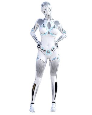 Robot kadın. Metal droid. Yapay zeka. Kavramsal moda sanat. Gerçekçi 3d render illüstrasyon. Stüdyo, ayrı tutma, yüksek anahtar.