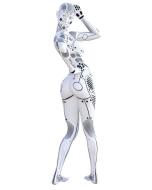 Robot kadın. Metal droid. Yapay zeka. Kavramsal moda sanat. Gerçekçi 3d render illüstrasyon. Stüdyo, ayrı tutma, yüksek anahtar.