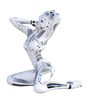 Robot kadın. Metal droid. Yapay zeka. Kavramsal moda sanat. Gerçekçi 3d render illüstrasyon. Stüdyo, ayrı tutma, yüksek anahtar.