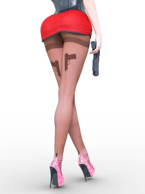 Kadın bacakları koyu naylon külotlu çorap. Silahları ellerinde. Kırmızı mini etek. Karanlık külotlu çorap seksi ince kadın bacaklar. Baştan çıkarıcı poz. Kavramsal moda sanat. 3D render illüstrasyon.