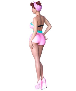 3D güzel genç çekici PIN kız vintage kadar. Şort ve sutyen. Kadın stüdyo fotoğrafçılığı. Yüksek topuk. Kavramsal moda sanat. Baştan çıkarıcı samimi poz. Gerçekçi render. Yaz koleksiyonu giysileri