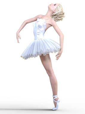 Dans eden balerin 3d. Beyaz bale tutu. Mavi gözlü sarışın kız. Bale dansçısı. Stüdyo fotoğrafçılığı. Yüksek anahtar. Kavramsal moda sanat. Gerçekçi çizim render. Beyaz arka plan.