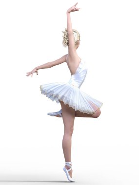 Dans eden balerin 3d. Beyaz bale tutu. Mavi gözlü sarışın kız. Bale dansçısı. Stüdyo fotoğrafçılığı. Yüksek anahtar. Kavramsal moda sanat. Gerçekçi çizim render. Beyaz arka plan.
