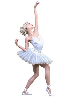 Dans eden balerin 3d. Beyaz bale tutu. Mavi gözlü sarışın kız. Bale dansçısı. Stüdyo fotoğrafçılığı. Yüksek anahtar. Kavramsal moda sanat. Gerçekçi çizim render. Beyaz arka plan.