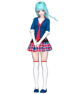 3D seksi anime bebek Japon anime schoolgirl büyük mavi gözleri ve parlak makyaj. Etek kafes. Çizgi film, çizgi roman, kroki, çizim, manga çizim. Kavramsal moda sanat. Baştan çıkarıcı samimi poz.