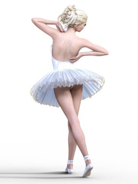 Dans eden balerin 3d. Beyaz bale tutu. Mavi gözlü sarışın kız. Bale dansçısı. Stüdyo fotoğrafçılığı. Yüksek anahtar. Kavramsal moda sanat. Gerçekçi çizim render. Beyaz arka plan.