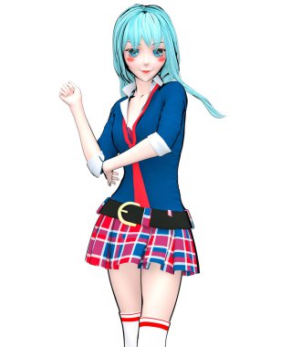 3D seksi anime bebek Japon anime schoolgirl büyük mavi gözleri ve parlak makyaj. Etek kafes. Çizgi film, çizgi roman, kroki, çizim, manga çizim. Kavramsal moda sanat. Baştan çıkarıcı samimi poz.