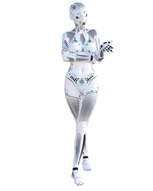 Robot kadın. Metal droid. Yapay zeka. Kavramsal moda sanat. Gerçekçi 3d render illüstrasyon. Stüdyo, ayrı tutma, yüksek anahtar.