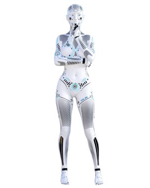 Robot kadın. Metal droid. Yapay zeka. Kavramsal moda sanat. Gerçekçi 3d render illüstrasyon. Stüdyo, ayrı tutma, yüksek anahtar.