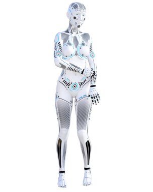 Robot kadın. Metal droid. Yapay zeka. Kavramsal moda sanat. Gerçekçi 3d render illüstrasyon. Stüdyo, ayrı tutma, yüksek anahtar.