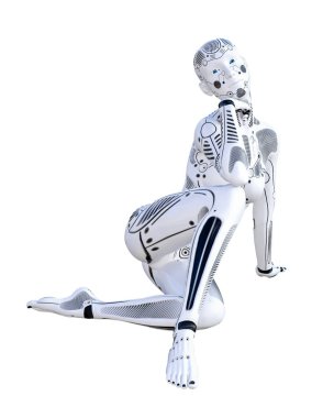 Robot kadın. Metal droid. Yapay zeka. Kavramsal moda sanat. Gerçekçi 3d render illüstrasyon. Stüdyo, ayrı tutma, yüksek anahtar.