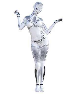 Robot kadın. Metal droid. Yapay zeka. Kavramsal moda sanat. Gerçekçi 3d render illüstrasyon. Stüdyo, ayrı tutma, yüksek anahtar.