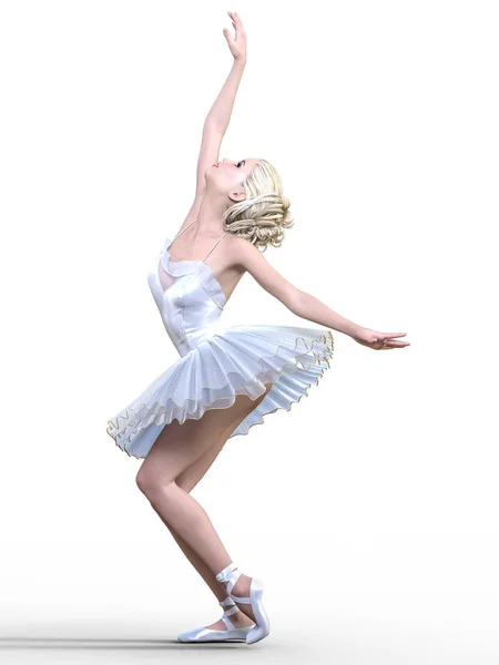 Dansende Ballerina Hvid Ballet Tutu Blondine Pige Med Blå Øjne - Stock-foto
