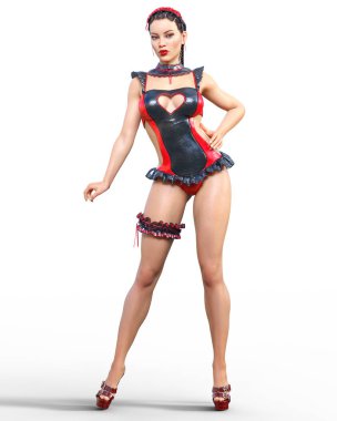 3D güzel seksi esmer kız kırmızı siyah lateks korse. Minimalist abartılı kıyafetler gelecek. Kadın stüdyo fotoğrafçılığı. Yüksek topuk. Kavramsal moda sanat. Striptiz şov. Resimde render. Hizmetçi üniforma