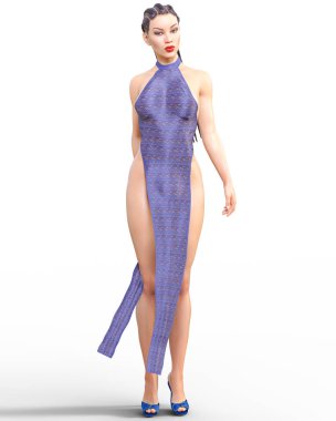 3D güzel genç çekici kadın abartılı seksi bel elbise. Kadın stüdyo fotoğrafçılığı. Yüksek topuk. Kavramsal moda sanat. Baştan çıkarıcı samimi poz. Gerçekçi render. Yaz koleksiyonu giysileri