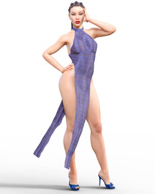 3D güzel genç çekici kadın abartılı seksi bel elbise. Kadın stüdyo fotoğrafçılığı. Yüksek topuk. Kavramsal moda sanat. Baştan çıkarıcı samimi poz. Gerçekçi render. Yaz koleksiyonu giysileri
