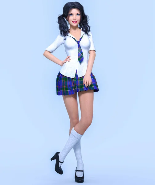 3D beautiful young attractive girl school uniform.White blouse, blue short skirt cage.Woman studio photography. High heel. Conceptual fashion art. Seductive candid pose. Realistic render illustration