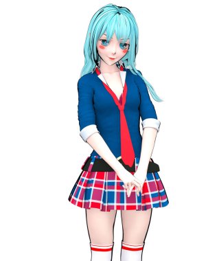 3D seksi anime bebek Japon anime schoolgirl büyük mavi gözleri ve parlak makyaj. Etek kafes. Çizgi film, çizgi roman, kroki, çizim, manga çizim. Kavramsal moda sanat. Baştan çıkarıcı samimi poz.