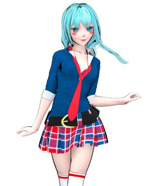 3D seksi anime bebek Japon anime schoolgirl büyük mavi gözleri ve parlak makyaj. Etek kafes. Çizgi film, çizgi roman, kroki, çizim, manga çizim. Kavramsal moda sanat. Baştan çıkarıcı samimi poz.
