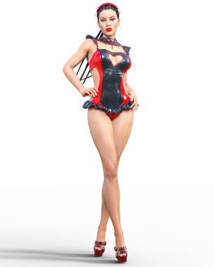 3D güzel seksi esmer kız kırmızı siyah lateks korse. Minimalist abartılı kıyafetler gelecek. Kadın stüdyo fotoğrafçılığı. Yüksek topuk. Kavramsal moda sanat. Striptiz şov. Resimde render. Hizmetçi üniforma