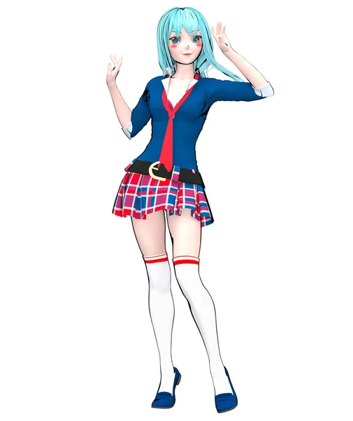 セクシーなキャラクター人形アニメ女子高生ブルーの大きな瞳と明るい化粧 スカート ケージ スケッチ イラスト 概念的なファッション アート 魅惑的な率直なポーズ — ストック写真