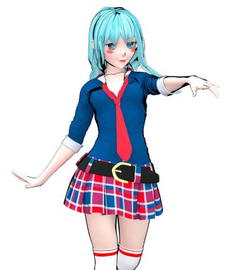 3D seksi anime bebek Japon anime schoolgirl büyük mavi gözleri ve parlak makyaj. Etek kafes. Çizgi film, çizgi roman, kroki, çizim, manga çizim. Kavramsal moda sanat. Baştan çıkarıcı samimi poz.
