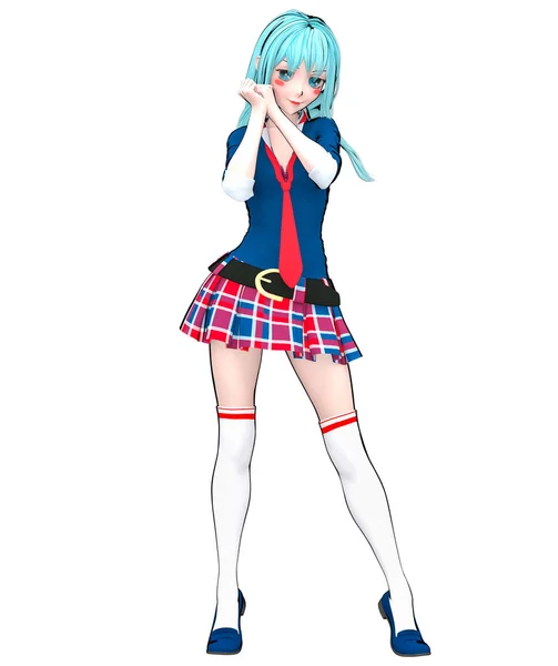 3D sexy anime doll japanese anime schoolgirl big blue eyes and bright makeup. Skirt cage. Cartoon, comics, sketch, drawing, manga illustration. Conceptual fashion art. Seductive candid pose.