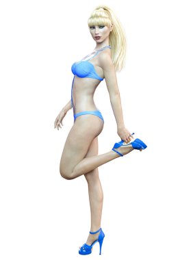 3D güzel sarışın kadın mavi mayo bikini. Yaz dinlenme. Kavramsal moda sanat. Baştan çıkarıcı samimi poz. Gerçekçi render illüstrasyon. İzole