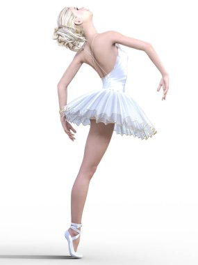 Dans eden balerin 3d. Beyaz bale tutu. Mavi gözlü sarışın kız. Bale dansçısı. Stüdyo fotoğrafçılığı. Yüksek anahtar. Kavramsal moda sanat. Gerçekçi çizim render. Beyaz arka plan.