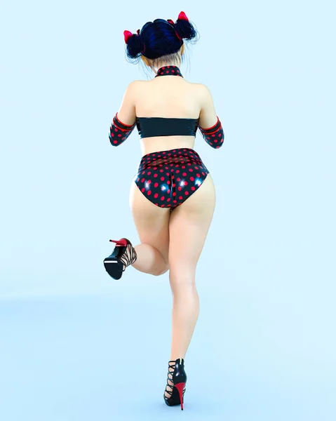 3D sexy girl doll big blue eyes and bright makeup. Woman retro style black and red shorts. High heel. Bow dark hair. Conceptual fashion art. Seductive candid pose. Realistic render illustration.