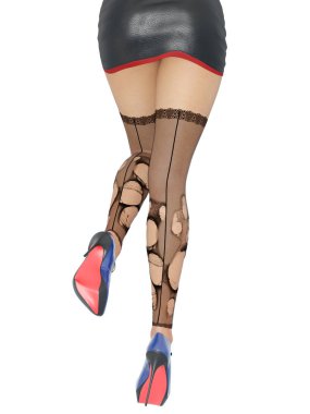 Uzun ince seksi bacaklar kadın. Kısa etek. Siyah çorap örgü. Yüksek topuklu ayakkabılar. Ofis sekreteri. Kışkırtıcı kurtarılmış poz. 3D render. İzole et. Kavramsal moda sanat.