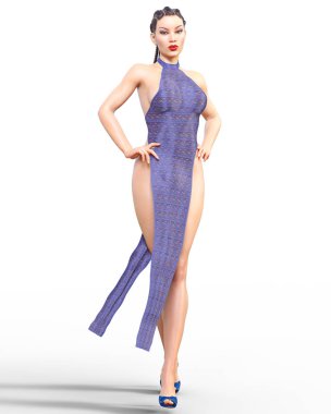 3D güzel genç çekici kadın abartılı seksi bel elbise. Kadın stüdyo fotoğrafçılığı. Yüksek topuk. Kavramsal moda sanat. Baştan çıkarıcı samimi poz. Gerçekçi render. Yaz koleksiyonu giysileri