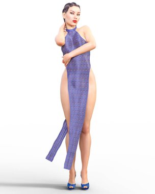 3D güzel genç çekici kadın abartılı seksi bel elbise. Kadın stüdyo fotoğrafçılığı. Yüksek topuk. Kavramsal moda sanat. Baştan çıkarıcı samimi poz. Gerçekçi render. Yaz koleksiyonu giysileri