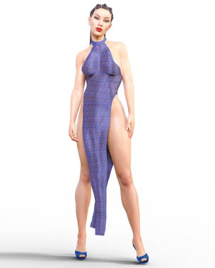 3D güzel genç çekici kadın abartılı seksi bel elbise. Kadın stüdyo fotoğrafçılığı. Yüksek topuk. Kavramsal moda sanat. Baştan çıkarıcı samimi poz. Gerçekçi render. Yaz koleksiyonu giysileri