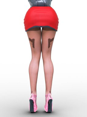 Kadın dedektif. Silah, mermi ve yörünge çizgisi ile karanlık naylon tayt. Kırmızı mini etek korse. Kadın hakimiyeti. Seksi ince kadın bacaklar karanlık külotlu çorap. Baştan çıkarıcı poz. Kavramsal moda art.3d render