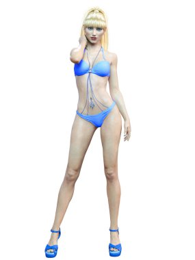 3D güzel sarışın kadın mavi mayo bikini. Yaz dinlenme. Kavramsal moda sanat. Baştan çıkarıcı samimi poz. Gerçekçi render illüstrasyon. İzole