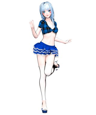 3D seksi anime bebek Japon anime schoolgirl büyük mavi gözleri parlak makyaj. Kısa kot etek bluz. Çizgi film, çizgi roman, kroki, çizim, manga çizim. Kavramsal moda sanat. Baştan çıkarıcı samimi poz