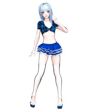 3D seksi anime bebek Japon anime schoolgirl büyük mavi gözleri parlak makyaj. Kısa kot etek bluz. Çizgi film, çizgi roman, kroki, çizim, manga çizim. Kavramsal moda sanat. Baştan çıkarıcı samimi poz