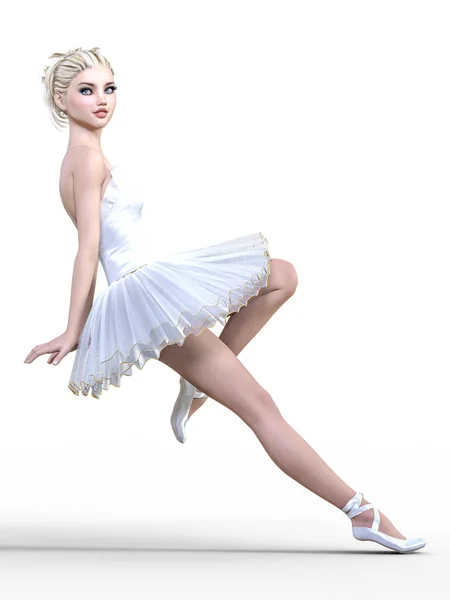 Dançando Bailarina Tutu Ballet Branco Menina Loira Com Olhos Azuis — Fotografia de Stock