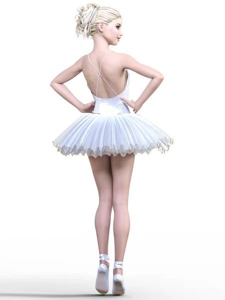 Dancing ballerina 3D. White ballet tutu. Blonde girl with blue eyes. Ballet dancer. Studio photography. High key. Conceptual fashion art. Render realistic illustration. White background.