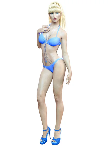 Belle Femme Blonde Bleu Maillot Bain Bikini Repos Été Art — Photo