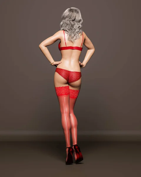 Beautiful Girl Red Lingerie Stockings Dark Background Woman Studio Photography — Stock Photo, Image