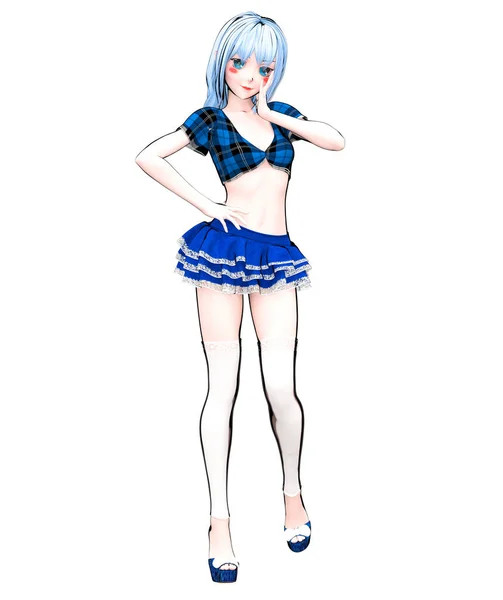 セクシーなキャラクター人形アニメ女子高生は大きな青い目明るいメイク 短いジーンズのスカート ブラウス スケッチ イラスト 概念的なファッション アート 魅惑的な率直なポーズ — ストック写真