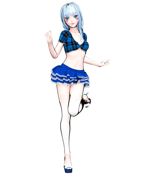 セクシーなキャラクター人形アニメ女子高生は大きな青い目明るいメイク 短いジーンズのスカート ブラウス スケッチ イラスト 概念的なファッション アート 魅惑的な率直なポーズ — ストック写真