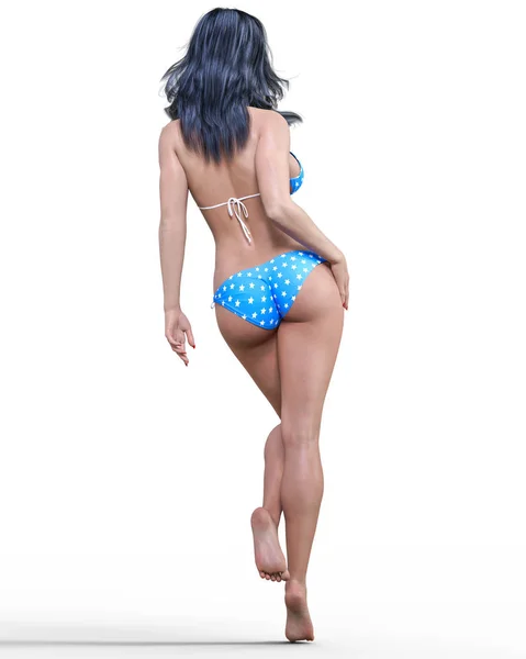 Vacker Brunett Kvinna Blå Baddräkt Bikini Sommaren Resten Konceptuella Mode — Stockfoto