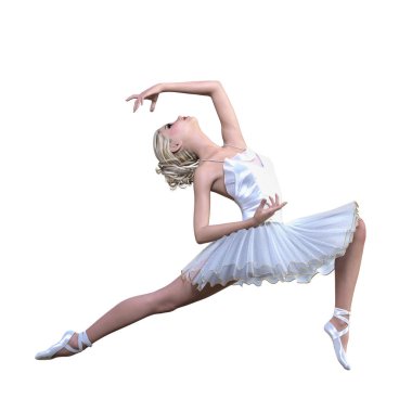 Dans eden balerin 3d. Beyaz bale tutu. Mavi gözlü sarışın kız. Bale dansçısı. Stüdyo fotoğrafçılığı. Yüksek anahtar. Kavramsal moda sanat. Gerçekçi çizim render. Beyaz arka plan.